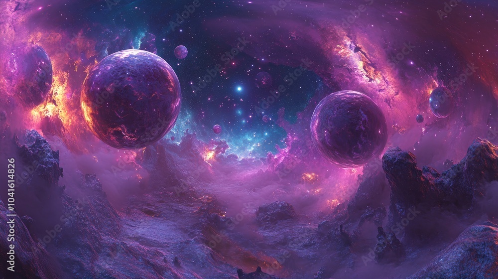 Poster 360 degree nebula panorama in a 3d cartoon rendering featuring an equirectangular projection and env