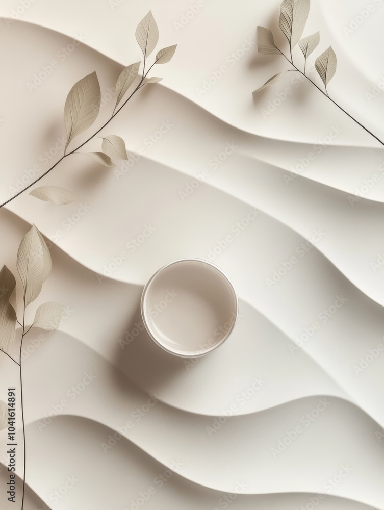 Poster a tea cup sits gracefully among flowing paper waves and soft leaves, creating a tranquil and calming
