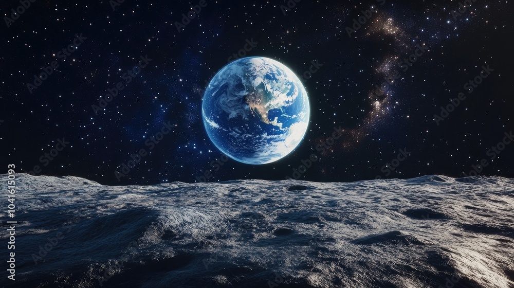 Poster cartoon rendering in 3d of earth set against the backdrop of dark outer space showcasing the view fr