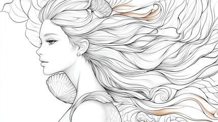 Fototapeta premium Elegant young mermaid adorned with a seashell and pearl A whimsical underwater fantasy figure featuring a tail and flowing hair Hand drawn 2D illustration suitable for coloring books tattoos and p