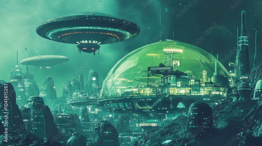 Poster abstract sci fi background featuring a 3d cartoon rendering of a colony under a dome with an alien s