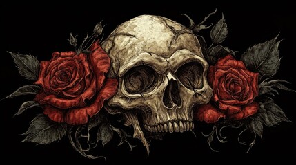 Skull and roses graphic design for a Gothic style t shirt print