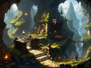 Dnd Battlemap : Dungeon entrance, Mystical cave landscape featuring ancient ruins, lush greenery, and dramatic mountains, illuminated by ethereal light