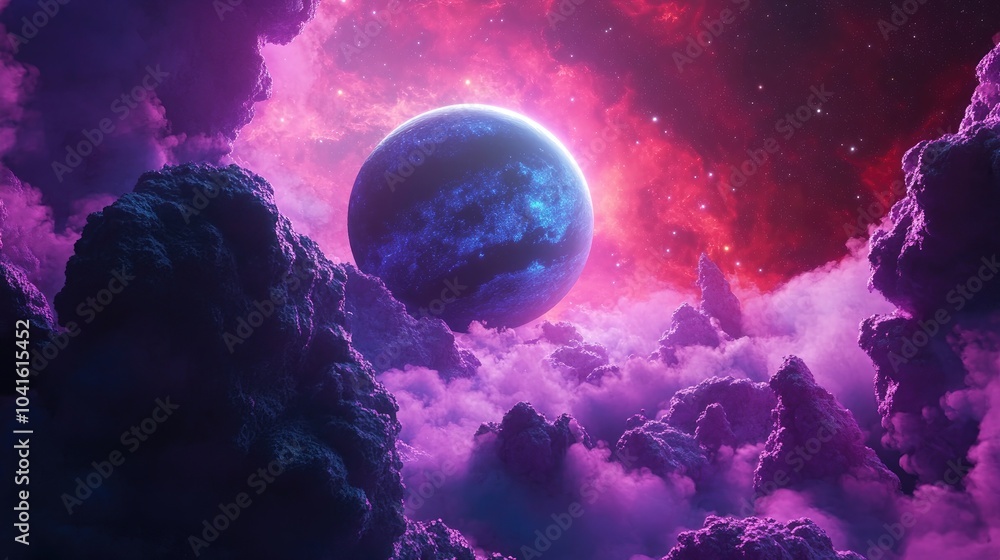 Poster deep space beauty featuring an orbiting planet in a 3d cartoon rendering