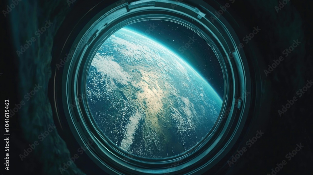 Poster earth planet viewed through a spaceship window porthole in a 3d cartoon rendering