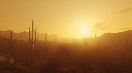 Golden Hour in the Wild West: A Cinematic Sunset Over Desert Cacti and Distant Mountains