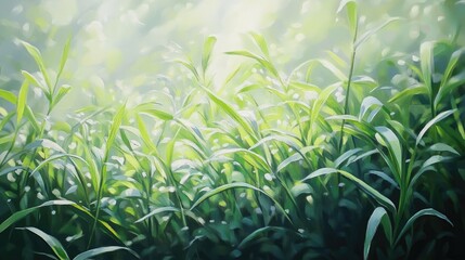 Obraz premium Oil painting of grass plants in the morning showcasing the beauty of nature with vibrant greenery under soft sunlight