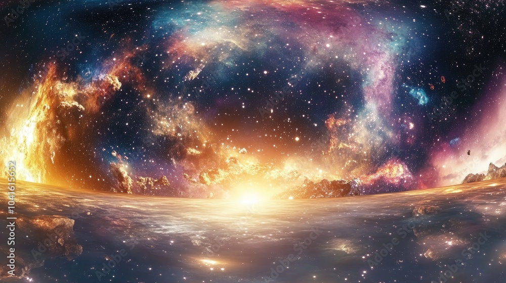 Poster 360 degree space nebula panorama in a 3d cartoon rendering featuring equirectangular projection and 