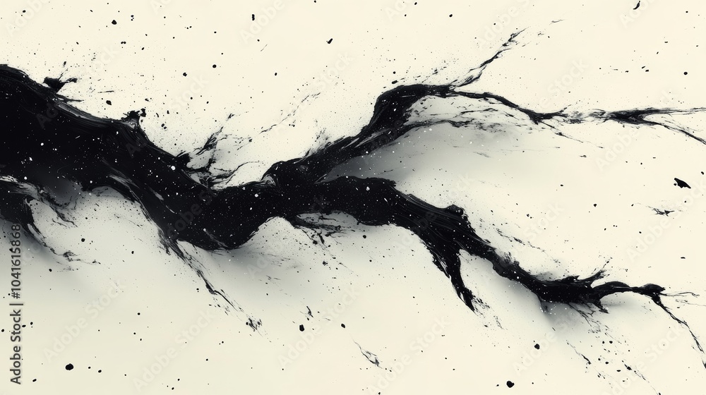Poster black ink is flowing on a white surface creating abstract shapes and textures, ideal for backgrounds