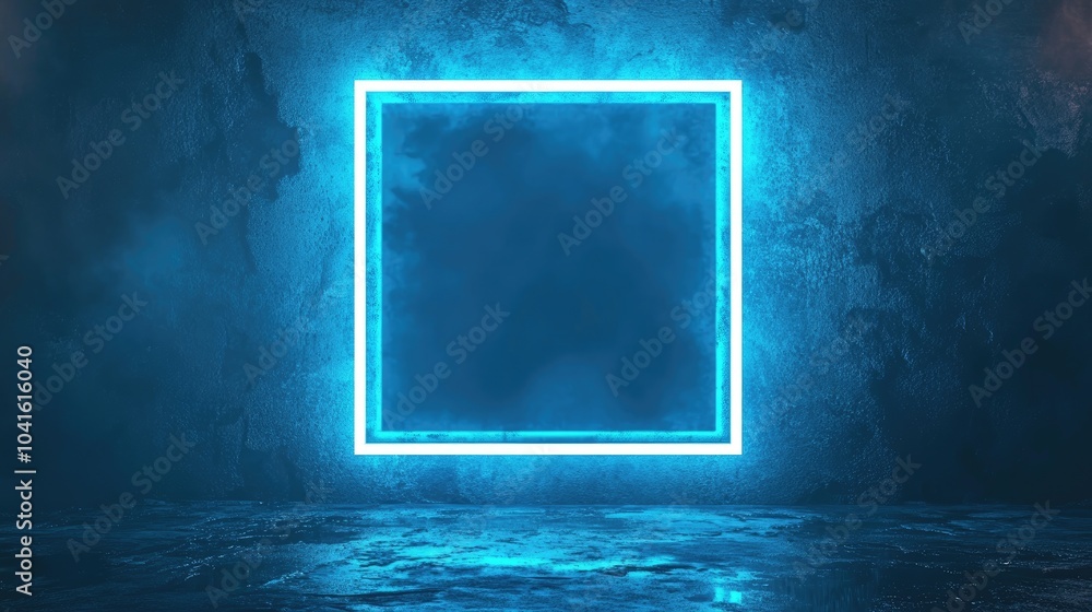 Poster 3d rendering of a blank neon blue square frame on a dark grunge background empty neon blue sign cube