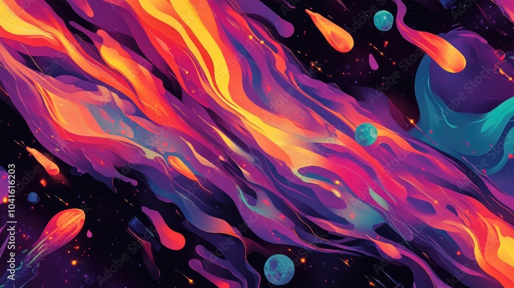 Poster futuristic wallpaper design featuring vibrant fiery colors energetic wavy lines soaring meteorites a