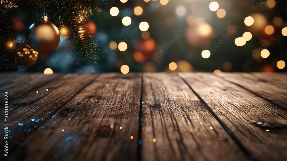Poster glittering 3d rendering of a christmas holiday background featuring an empty wooden table in the for