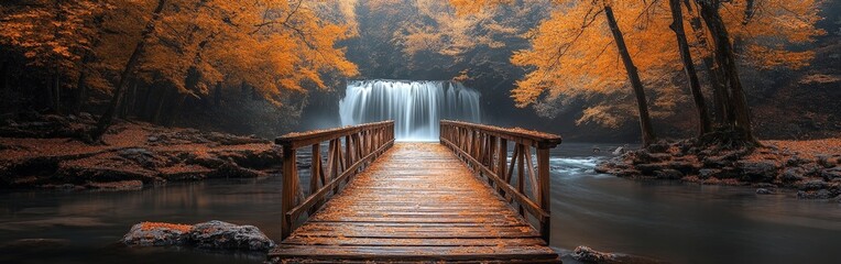 Naklejka premium Wooden pathway through forest with autumn leaves and lakes