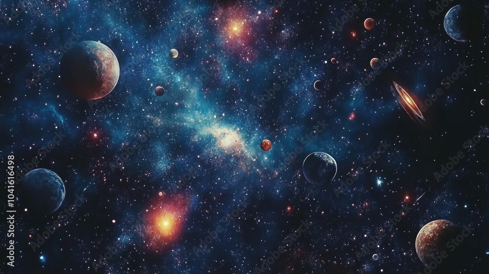 Poster 2d illustration with a 3d cartoon rendering a realistic background of a star pattern depicting deep 