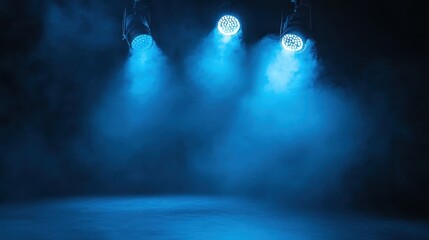 Naklejka premium Blue Spotlights on Stage with Fog Effects
