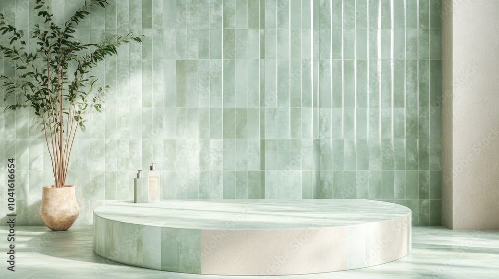 Aufkleber pastel green tile wall and floor in a bathroom setting featuring a round podium for product display 