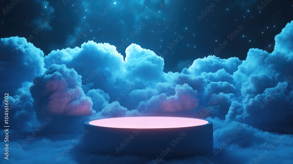 Poster 3d cartoon rendering featuring a natural podium background amidst high clouds at night designed for 