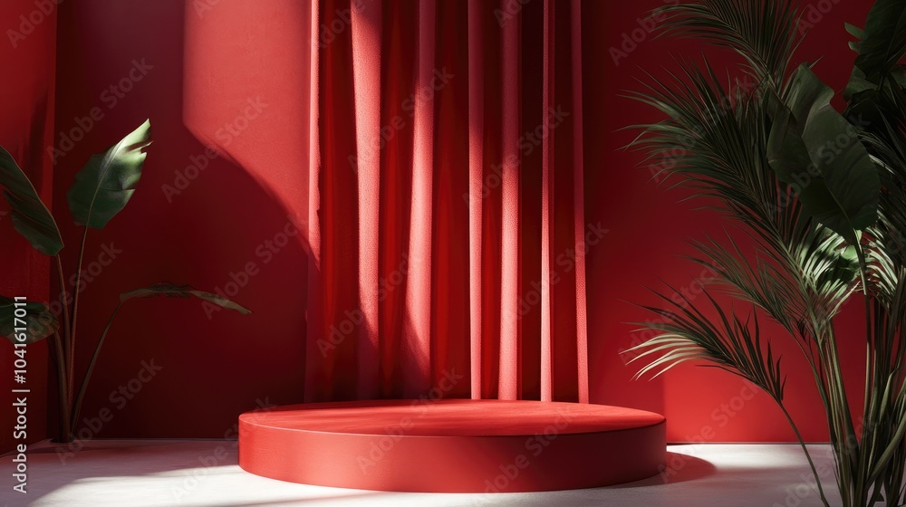 Poster elegant abstract still life with a red podium platform and curtain for product showcasing 3d renderi