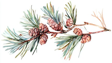 Isolated coniferous branch featuring pine and spruce suitable for product design related to festive occasions Hand painted watercolor clip art illustration