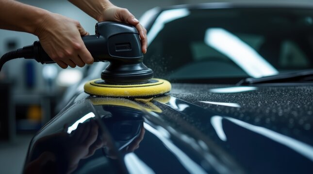 Professionelle Autoaufbereitung: Nahaufnahme der Reinigung eines gl&auml;nzenden, blauen Autolacks