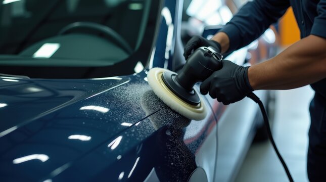Professionelle Autoaufbereitung: Nahaufnahme der Reinigung eines gl&auml;nzenden, blauen Autolacks