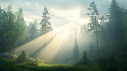 Fototapeta premium Majestic sunlight piercing through the misty forest canopy creating a serene atmosphere in nature's embrace