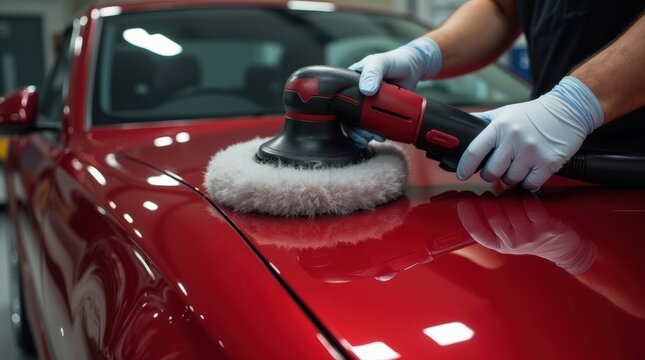 Professionelle Autoaufbereitung: Nahaufnahme der Reinigung eines gl&auml;nzenden, roten Autolacks
