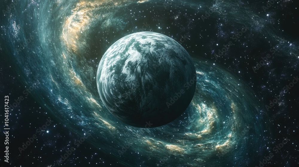 Poster cartoon rendering in 3d of a planet amidst swirling nebulae in space