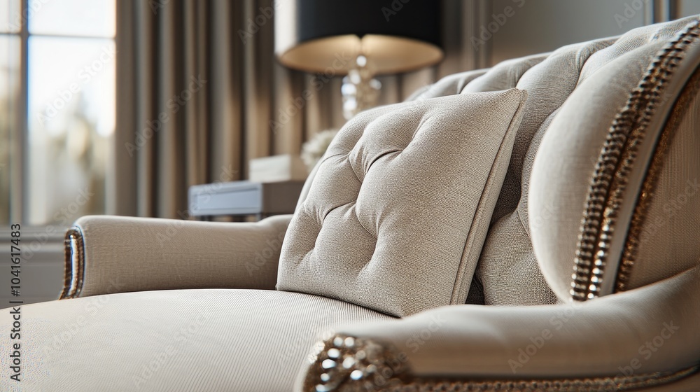 Poster close up view of armchair cushion support showcasing intricate trimming details in 3d rendering high