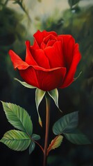 Fototapeta premium Single red rose in full bloom stands tall against a blurred green background, capturing the beauty and elegance of nature