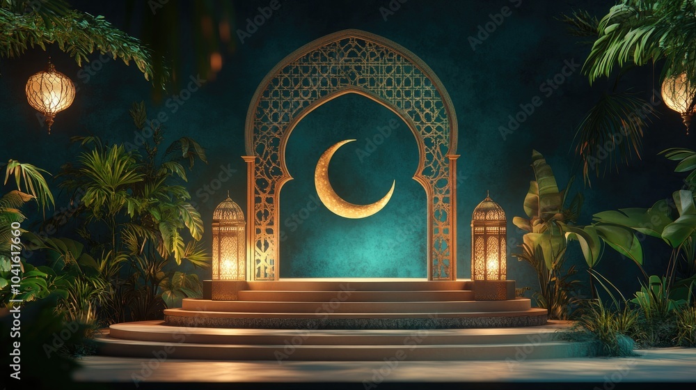 Poster ramadan themed display podium background featuring a 3d rendering of an arabian lantern and a cresce