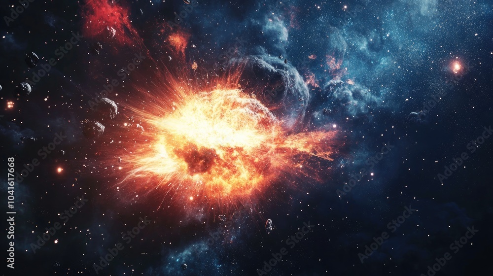 Poster awesome space background featuring an explosion of a star in 3d cartoon rendering