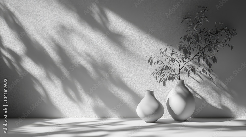 Poster simple monochrome backdrop featuring vases tree shadows and natural lighting 3d rendering