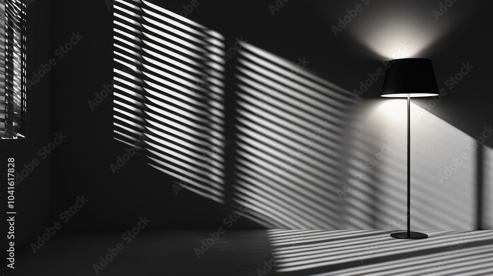 Poster 3D rendering of a dark room interior with shadows cast by light rays through the louvers featuring illumination from a lamp and wall shadows created by a roller window shutter in a monochrome styl
