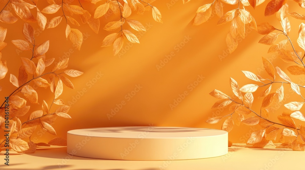 Aufkleber cosmetic display podium with shadowed leaves on an orange backdrop 3d rendering