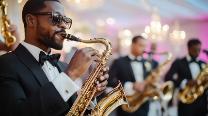 Jazz band performing at a wedding, elegant performers in formal attire, classic and sophisticated wedding entertainment