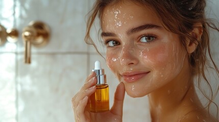 Fototapeta premium Serum gently applied to cheeks, bright bathroom with white tiles, glass dropper and bottle nearby, smooth and glowing skin, focused on texture and care.
