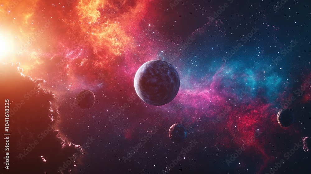 Poster abstract scientific background featuring planets in space nebula and stars in a 3d cartoon rendering