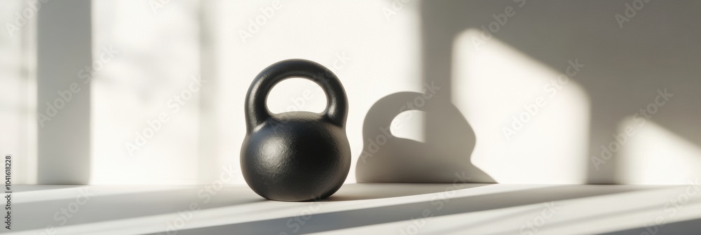 Aufkleber The black kettlebell stands alone on a surface, illuminated by soft morning light creating a striking shadow against the wall. Generative AI