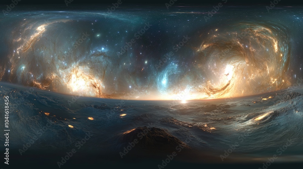 Poster 360 degree stellar system and glowing nebula in a 3d cartoon rendering equirectangular projection sp