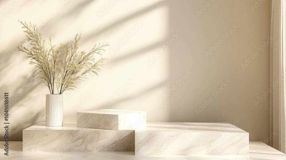 Poster empty white marble podium on a soft beige background minimal geometric boxes and structures create a