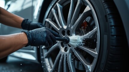 Detaillierte Felgenreinigung mit Pinsel, Reiniger und  Präzision – Nahaufnahme vom Reifen
