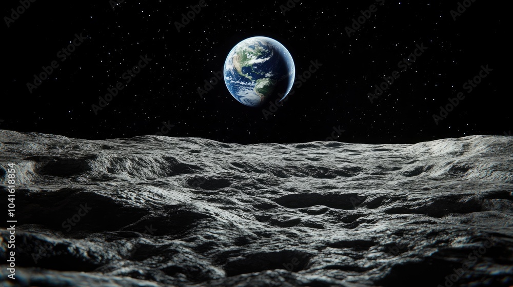 Poster planet earth in dark outer space represented in a 3d cartoon rendering showcasing the view from the 