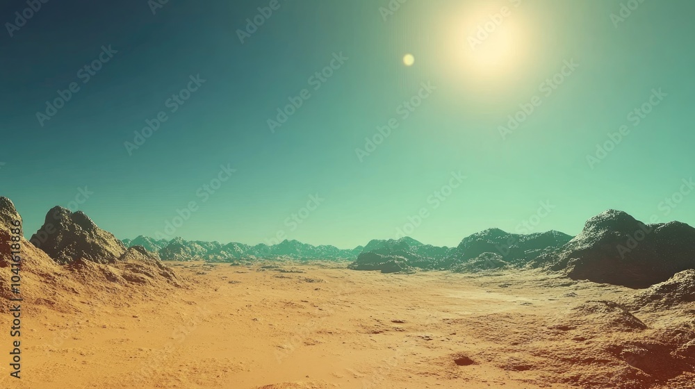 Poster beautiful view from an exoplanet in 3d cartoon rendering showcasing a landscape from an alien world