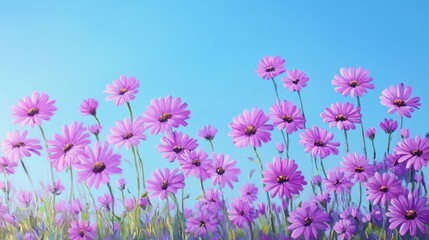 Oil painting of vibrant purple daisy flowers against a clear blue sky showcasing the beauty and freshness of a wildflower field in spring time