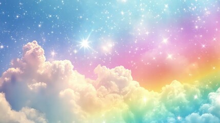 Fantasy background featuring a rainbow sky filled with sparkling stars designed as a whimsical 2D illustration for children s enjoyment