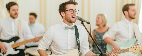 Budget-friendly wedding reception with a live band, simple yet elegant decor, guests enjoying music and dancing, affordable yet stylish celebration