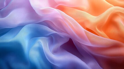 Obraz premium Soft and flowing fabric in gradient colors of blue, purple, and orange creating a serene and elegant background texture.
