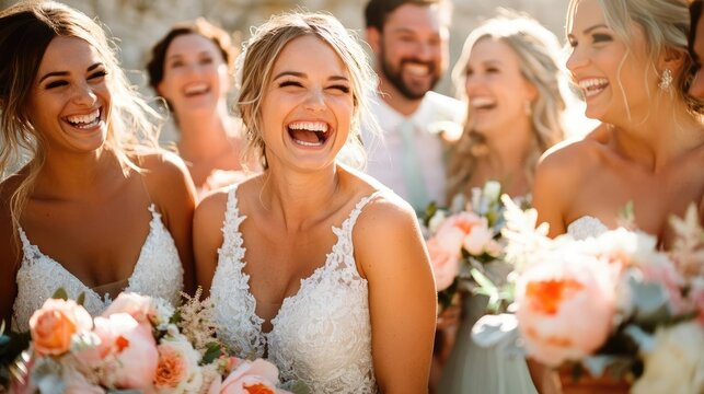 Candid moment of the bridal party laughing together, captured in vibrant sunlight, joyful and spontaneous wedding photography