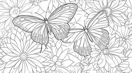 Butterfly coloring page featuring simple line art of cute flying insects designed with a geometric flower mandala pattern ideal for kids activities and minimalistic clipart